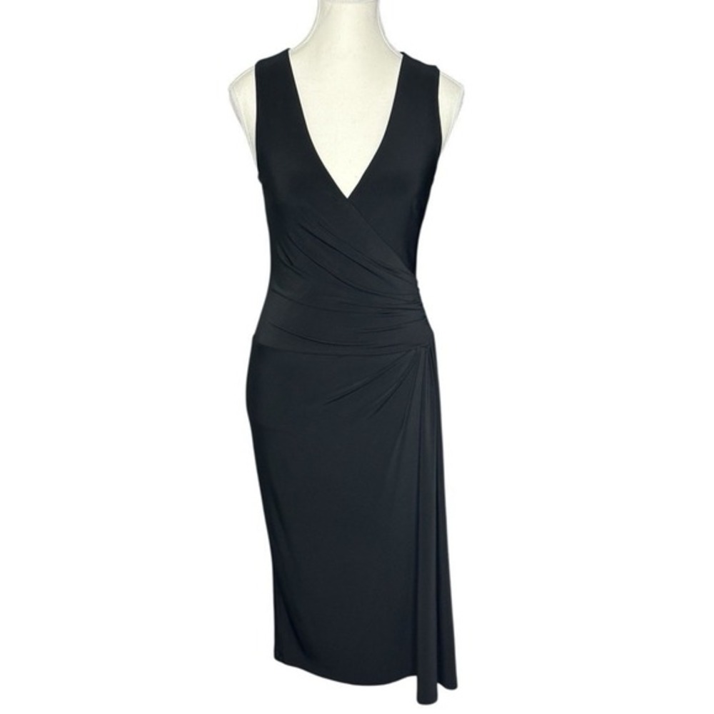 Lauren Ralph Lauren Black Ruched V-Neck Sleeveless Midi‎ Dress Size 2 Stretch